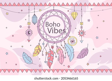 Boho background. Ethnic modern wallpaper. Magic, mystic, esoteric, tribal pattern paper graphic design. Spiritual decoration. Boho fabric fashion print decor. Astrology poster. Vector illustration.