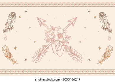 Boho background. Ethnic modern wallpaper. Magic, mystic, esoteric, tribal pattern paper graphic design. Spiritual decoration. Boho fabric fashion print decor. Astrology poster. Vector illustration.