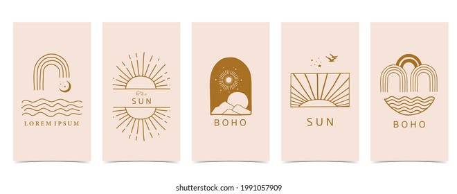 boho background for social media.Set of instagram story with shape,sun,rainbow