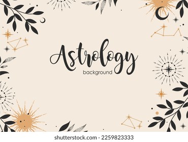 Boho background with stars, herbs and constellations. Magical  banner with a place for text. Esoteric backdrop