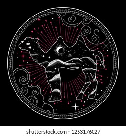 Boho badge with camel. Graphic design element in oriental style.