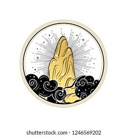 Boho badge with mountain in clouds. Oriental style.