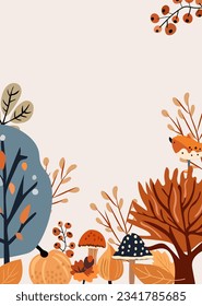 Boho banner with elements autumn, colored trees, autumn leaves, mushrooms and pumpkin. Perfect for web, harvest festival, banner, card and Thanksgiving. Vector