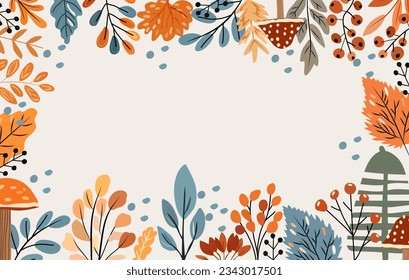 Boho banner with elements autumn, colored tree, autumn leaves, mushrooms and forest berries. Perfect for web, harvest festival, banner, card and Thanksgiving. Vector