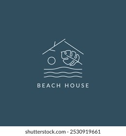 Boho beach house with waves, sun and monstera leaf line art logo design concept. Vector illustration