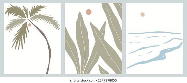 Boho Beach Tropical Landscape Elegant Earthy Wall Art Botanical Vector Illustration Set
