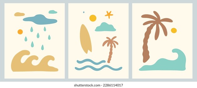 Boho Beach Tropical Landscape Nursery Earthy Wall Art Island Hand-Drawn Vector Illustration Set	