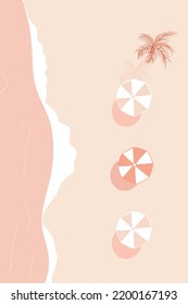 Boho Beach Wall Art Vector with Pink Waves and Umbrellas on Sands