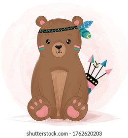 boho bear illustration, animal clipart, baby shower decoration, watercolor illustration.
