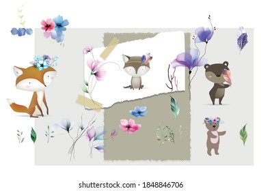 boho osos zorro lobo y flores woodland niños diseño plantilla de ilustración de impresión vector
