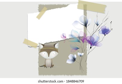 boho bears fox wolf and flowers woodland kids design template print illustration vector
