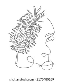 Boho beautiful woman face vector. Creative floral, botanical abstract picture, minimalist style for app, web, wall art. Surreal portrait, girl face with palm leaf in continuous line style. 