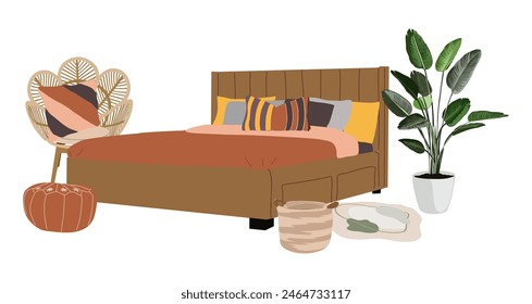 Interior de dormitorio boho con muebles cómodos y decoraciones para el hogar. Cama moderna de mediados de siglo, sillón de mimbre, cojines, alfombra hecha a mano, planta en macetas. Ilustración vectorial plana aislada.