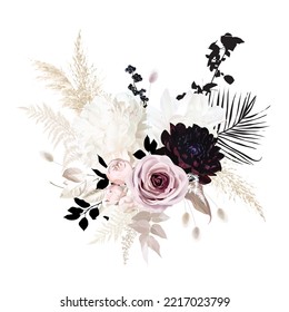 Boho beige and black trendy vector design bouquet. Pastel pampas grass, ivory peony, dark dahlia, dusty pink rose, lagurus, dried leaves. Modern wedding blush floral.Elements are isolated and editable