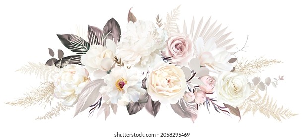 Buquet de diseño vectorial de moda boho beige y ruidoso. pasto pastel, peonía marfil, magnolia cremosa, rosa rosada polvorienta, hojas secas marrones. Boda rubia floral. Los elementos están aislados y se pueden editar