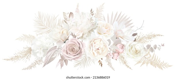 Boho beige and blush trendy vector design bouquet. Pastel pampas grass, ivory peony, creamy magnolia, dusty pink rose, hydrangea, dried leaves. Wedding blush floral. Elements are isolated and editable