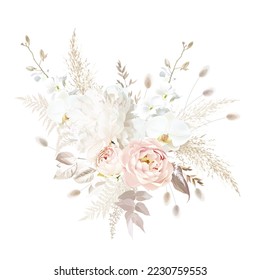 Buquet de diseño vectorial de moda boho beige y ruidoso. Pastel de pampas pasto, peonia de marfil, orquídea cremosa, rosa rosada polvorienta, lagurus, hojas secas. Boda rubia floral. Los elementos están aislados y se pueden editar