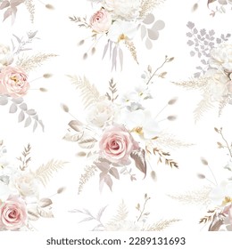 Diseño vectorial de moda boho beige y rubia, sin fisuras. Pastel de pampas pasto, peonia de marfil, orquídea cremosa, rosa rosada polvorienta, lagurus, hojas secas. Boda floral. Los elementos están aislados y se pueden editar