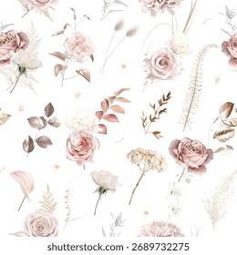 Boho beige und rot trendige Vektordesign nahtlosen Druck. Pastellpampas, Gras, Hortensien aus Elfenbein, rosafarbene Rosen, staubiger rosafarbener Lagurus, getrocknetes Blatt. Hochzeitsblüte. Elemente sind isoliert und bearbeitbar