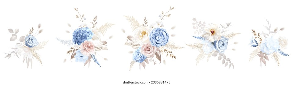 Boho beige and dusty blue trendy vector design bouquets. Pastel pampas grass, carnation, lavender, peony, hydrangea, pink rose, lagurus, dried leaves. Wedding floral.Elements are isolated and editable