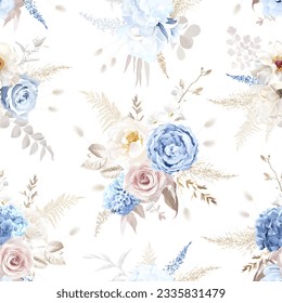 Boho beige and dusty blue trendy vector design seamless pattern. Pastel pampas grass, white hydrangea, blue ranunculus, dusty pink rose, lagurus, dried leaves. Wedding floral. Elements are editable