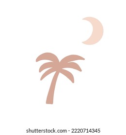 Boho beige palm tree with moon isolated on white background. Travel summer plant beach holiday midnight century. minimalism silhouette. Tropic sand beach leaf vacation relax landscape paradise. 