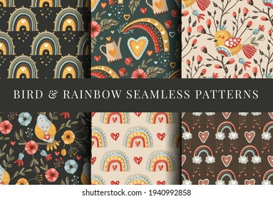 Boho bird folk art flower seamless pattern set. Colorful ornate vector ornament collection. Bohemian background.