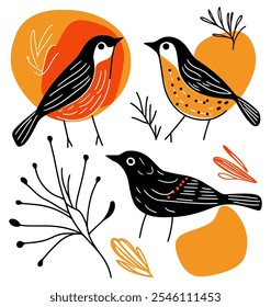 Boho Bird Set, Artistic and Whimsical Collection of Birds with Bohemian Elements - Flat Vector Illustration