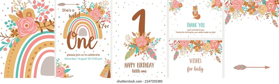 Boho birthday. Baby boho first birthday card template set. Pink tribal floral rainbow collection banners. Bohemian vector illustration. Little one rainbow. Wild tribal kids birthday party posters.