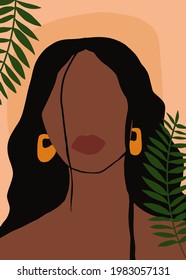 Boho black beautiful woman abstract minimal portrait. Earth tone clipart. Ethnic poster. African woman wall art. Vector illustration