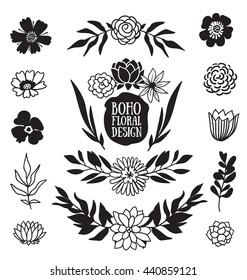 Boho black decorative plants and flowers collection. Hand drawn vector design elements.