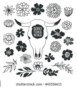 Boho black decorative plants and flowers collection with cow skull. Hand drawn vector design elements isolated on the white background.