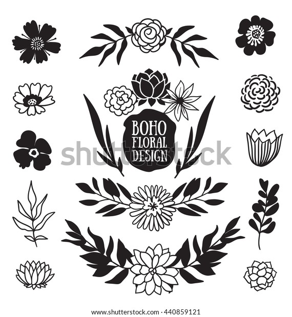 Boho black decorative plants and flowers\
collection. Hand drawn vector design\
elements.
