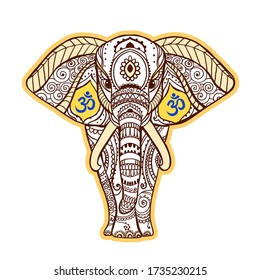 Boho Black elephant. Vector illustration.  Floral design, hand drawn map with Elephant and  sign Om.Tribal, Bohemian style.