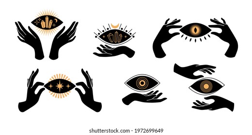 Boho black hands silhouettes esoteric icons with spiritual symbols  crescent moon,  star, eye, sun. Black female mystical concept. Vector flat illustration. Design for t-shirt prints, posters, tattoo