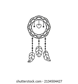 Boho black indian dream catcher with bird feathers and heart isolated on white background. Native American talisman. Hipster illustration. Spiritual element.