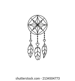 Boho black indian dream catcher with bird feathers and hearts isolated on white background. Native American talisman. Hipster illustration. Spiritual element.