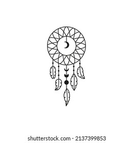 Boho black indian dream catcher with bird feathers and moon phases isolated on white background. Native American talisman. Hipster illustration. Spiritual element.