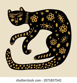 Boho black leopard panther abstraction minimalist modern wall art folk ethnic african animal print in trendy flat naive doodle style