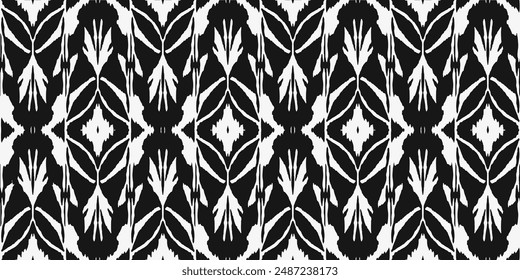 Boho black white ikat motif tribal , Ornamental ogee endless ornament seamless trendy endless pattern illustration stripe vector print ethnicity botanical fashion colorful drawing beautiful textile 
