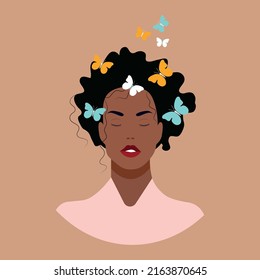 Boho black woman with butterflies in her hair vector illustration