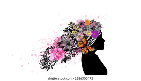 Boho black woman with butterflies in her hair. Abstract African girl with flowers in her hair. Vector illustration