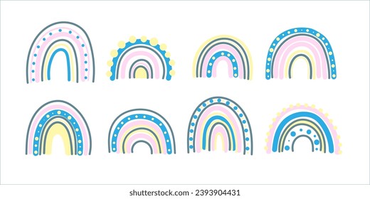 Boho blue pastel colored rainbow clipart set of rainbows with hearts and dots in scandinavian style style isolated on white background. Print for kids prints, posters, cards, fabric.