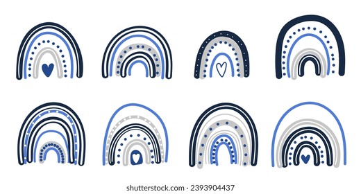 Boho blue pastel colored rainbow clipart set of rainbows with hearts and dots in scandinavian style style isolated on white background. Print for kids prints, posters, cards, fabric.