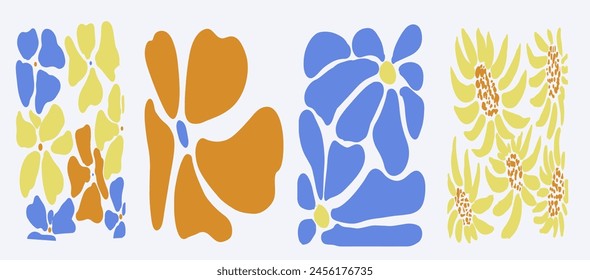 Boho blue and yellow flowers isolated. Minimal design. 