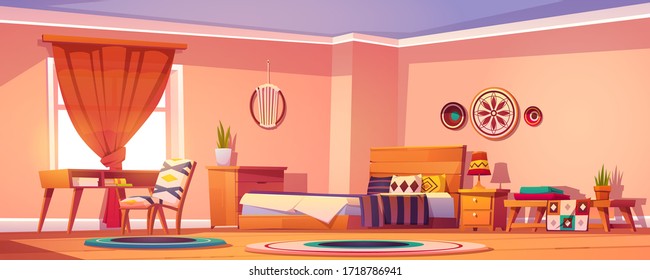 Boho, bohemian bedroom interior, empty room with wooden furniture, bed, plants, round rags with geometric pattern, hipster style decoration on wall, table, vintage design, Cartoon vector illustration