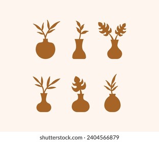 boho bohemian ceramic vases with flower floral botanical interior minimal design vector icon illustration simple trendy element style 