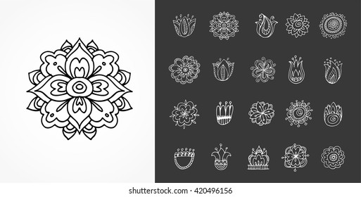 Boho, bohemian collection of hand drawn mandalas, shapes and symbols, floral icons and logos