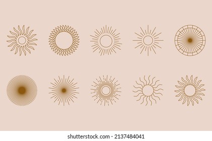 Boho or bohemian linear decor design sun logo set template. Geometric icons and symbols decorative abstract element.