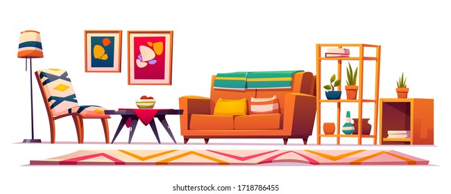 Boho, Bohemian Living Room Interior, Wooden Furniture, Couch, Shelf With Plants, Rag With Geometric Pattern, Abstract Paintings On Wall, Coffee Table, Hipster Style Design. Cartoon Vector Illustration